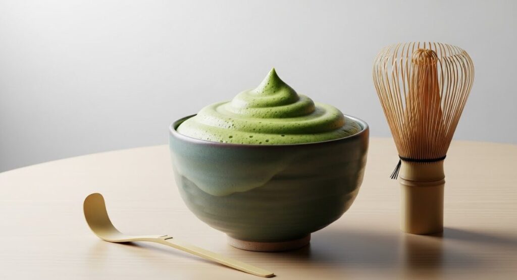 Chá verde matcha preparado tradicionalmente com espuma cremosa para café da manhã saudável"